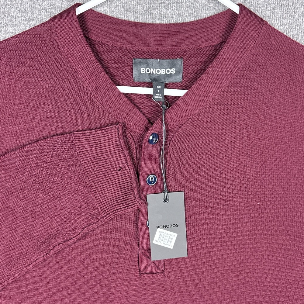 NEW Bonobos Henley Pullover‎ Sweater Mens Large Slim Burgundy 100% Merino Wool *